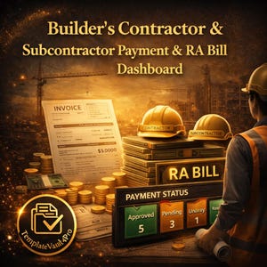 Op de afbeelding: Afbeelding van een bouwbetalingsdashboard met de tekst "Builder's Contractor & Subcontractor Payment & RA Bill Dashboard". Bevat een factuur, munten en een betalingsstatusbord met "Goedgekeurd" en "In behandeling".