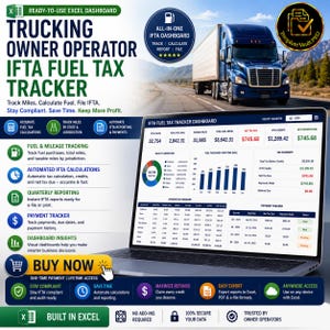 Op de afbeelding: Een digitaal Excel-dashboard voor vrachtwagenchauffeurs om IFTA-brandstofbelastingen bij te houden. Het scherm toont gegevenstabellen, grafieken en financiële overzichten voor mijlen, brandstof en belastingbetalingen. Bevat de tekst Trucking Owner Operator IFTA Fuel Tax Tracker.