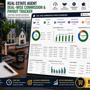 Puede incluir: Una pantalla de portátil muestra un panel de control de seguimiento de comisiones y pagos de un agente inmobiliario. La interfaz muestra la gestión de acuerdos, el seguimiento de comisiones e información de pago. También se ven una casa modelo, una taza de café y un bloc de notas.