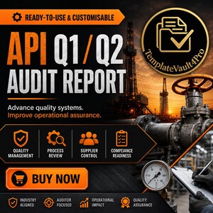 May include: A digital graphic for an API Q1/Q2 Audit Report featuring an oil rig background, a TemplateVault4Pro logo, and orange text elements including Ready-to-Use & Customisable, Advance quality systems, Improve operational assurance, and Buy Now.