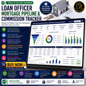 May include: A laptop screen displays a loan officer mortgage pipeline and commission tracker dashboard. The dashboard includes charts, graphs, and data visualizations for loan management, commission tracking, and performance analysis. Text includes "Buy Now".