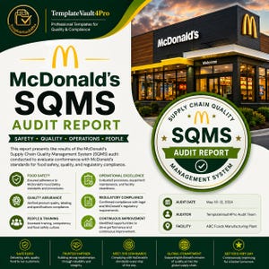 May include: A McDonald's SQMS Audit Report graphic with the McDonald's logo. The report details food safety, quality assurance, operations, and people. The audit date is May 10-12, 2024. The report is from TemplateVault4Pro.