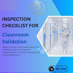 Pode incluir: Gráfico promocional com fundo gradiente azul e roxo. O texto diz "INSPECTION CHECKLIST FOR Cleanroom Validation". Uma pessoa com roupa de proteção branca caminha por um corredor de sala limpa. Um botão "Comprar agora" está no canto inferior direito.