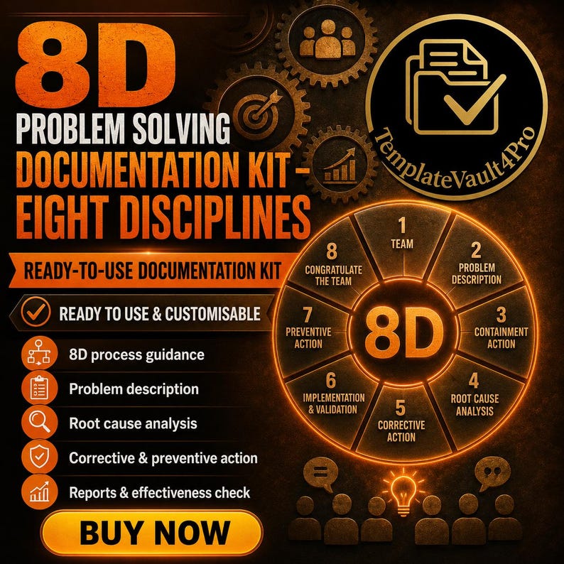 May include: An 8D problem solving documentation kit featuring a circular diagram with eight steps, including team, problem description, containment, root cause, corrective action, implementation, preventive action, and congratulate the team.