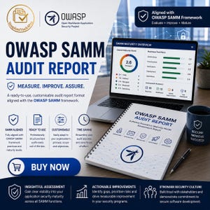 May include: A digital marketing graphic for an OWASP SAMM audit report featuring a laptop displaying a maturity score dashboard, a spiral-bound report titled OWASP SAMM AUDIT REPORT, a dark blue mug, and a pen, with text detailing the framework.