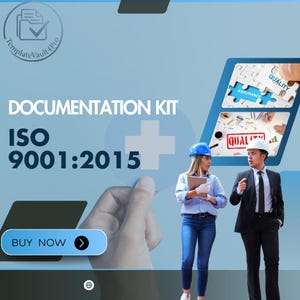 May include: A promotional image for a documentation kit, featuring the text "Documentation Kit ISO 9001:2015". The image includes two people in construction attire, a blue and white color scheme, and a "Buy Now" button.