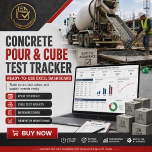 以下が含まれることがあります： ノートパソコンの画面に表示されたCONCRETE POUR & CUBE TEST TRACKERというタイトルのExcelダッシュボード。グラフ、表、建設データが含まれています。パソコンの横には28 DAYSとラベル付けされた4つのコンクリートキューブとクリップボードが置かれています。
