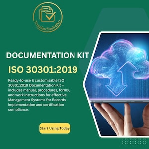 Op de afbeelding: Een groene en witte afbeelding die een documentatiekit voor ISO 30301:2019 promoot. De tekst luidt "DOCUMENTATIEKIT" en "ISO 30301:2019". De afbeelding bevat een wolkengrafiek met een pijl en de woorden "Start vandaag".