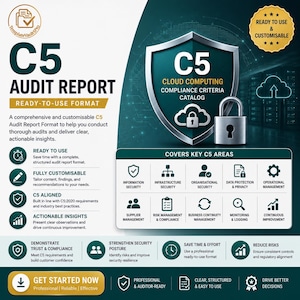 May include: A C5 Audit Report document template featuring a metallic shield icon with a padlock and cloud symbol. The layout includes text headers, bullet points, and a grid of icons representing information security, risk management, and compliance.