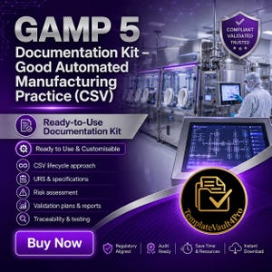 Op de afbeelding: Een GAMP 5 documentatiekit voor goede geautomatiseerde productiepraktijken in paars en zilver. De tekst beschrijft de CSV-levenscyclus, URS, risicobeoordeling, validatieplannen, traceerbaarheid en bevat het TemplateVault4Pro-logo.