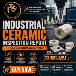 May include: An industrial ceramic inspection report template featuring text that reads Industrial Ceramic Inspection Report, Quality You Can Measure, Reliability You Can Trust, and Ready to Use and Customisable, alongside various white ceramic components.