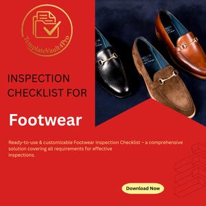 May include: Three pairs of men's loafers in black, brown, and tan leather and suede. Each shoe has a gold-colored buckle. The image includes the text "INSPECTION CHECKLIST FOR Footwear" and "Download Now."