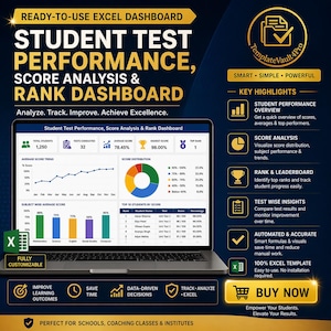 May include: A laptop screen displays a student test performance dashboard with score analysis and rank data. The interface includes charts, graphs, and student performance metrics. The dashboard is designed for schools and coaching classes.