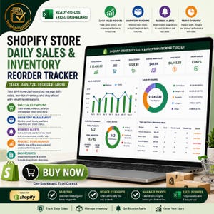 Pode incluir: Um ecrã de laptop mostra um rastreador diário de vendas e reabastecimento de inventário da loja Shopify. O painel mostra dados de vendas, níveis de estoque e alertas de reabastecimento. O texto diz "Compre agora" e "Excel Powered".