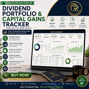 May include: A laptop displays a dividend portfolio and capital gains tracker. The screen shows financial data, charts, and graphs. A notebook, pen, and a mug with the text "Invest Track Grow Repeat" are on the desk. The image includes the text "Buy Now!"