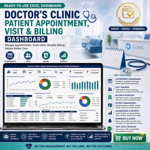 May include: A laptop screen displays a medical clinic dashboard with patient appointment, visit, and billing data. The dashboard includes charts, graphs, and key features such as appointment management and visit tracking. The text reads "Doctor's Clinic Patient Appointment, Visit & Billing Dashboard."