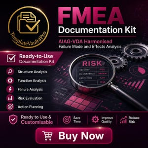 May include: A digital FMEA Documentation Kit graphic featuring a magnifying glass over a risk assessment table. Text includes FMEA Documentation Kit, AIAG-VDA Harmonised, Failure Mode and Effects Analysis, and a Buy Now button on a dark background.