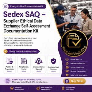 Puede incluir: Un gráfico de marketing digital para un kit de documentación Sedex SAQ. El diseño en violeta y blanco presenta texto, iconos para políticas, formularios y cumplimiento, y un logotipo dorado para TemplateVault4Pro.