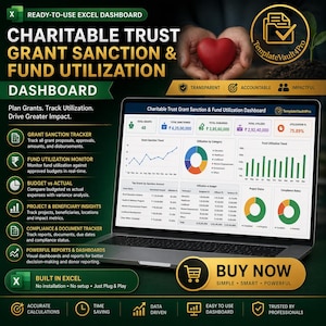 May include: A laptop screen displays a dashboard titled "Charitable Trust Grant Sanction & Fund Utilization Dashboard." The image includes charts, graphs, and financial data, with the text "Buy Now" and "Built in Excel."