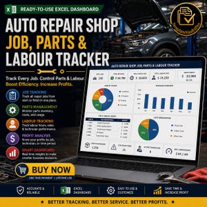 May include: A laptop screen displays an auto repair shop dashboard with job tracking, parts management, and labor tracking features. The dashboard includes charts and graphs for revenue, costs, and profit analysis. The text on the screen reads "Auto Repair Shop Job, Parts & Labour Tracker."