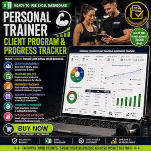 May include: A laptop displays a fitness business tracker with charts and graphs. The screen shows client progress, revenue, and program compliance. The image includes the text "Personal Trainer Client Program & Progress Tracker."