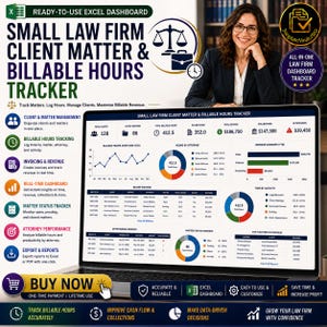 May include: A laptop screen shows a law firm dashboard with charts and data. The dashboard tracks client matters, billable hours, and revenue. Text includes "Small Law Firm Client Matter & Billable Hours Tracker" and "Buy Now". A woman wearing glasses is in the background.