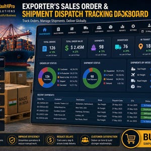 Könnte beinhalten: Ein digitales Dashboard zeigt Daten zur Nachverfolgung von Exportaufträgen und -sendungen an. Die Oberfläche zeigt den Bestellstatus, Versanddetails und Echtzeit-Einblicke. Das Bild zeigt ein Frachtschiff und Schiffscontainer mit dem Text "Exporter's Sales Order & Shipment Dispatch Tracking Dashboard."