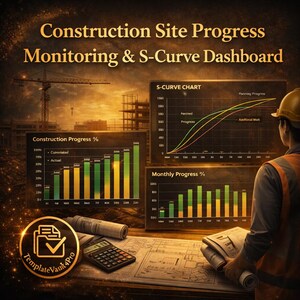 Construction S Curve Excel Dashboard | Project Progress Tracker | Site Monitoring Tool | Work Completion KPI | Real Estate Planner Template