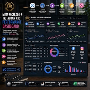 May include: A dark dashboard displays Meta Facebook & Instagram Ads performance data. Charts and graphs visualize metrics like amount spent, conversions, and ROAS. The dashboard includes sections for campaign performance, audience insights, and device breakdown.