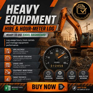 Dashboard Excel per macchinari pesanti / Monitoraggio noleggio gru JCB / Registro ore di utilizzo / Modello per noleggio macchinari edili