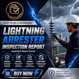 Puede incluir: Una plantilla digital de informe de inspección de pararrayos con un tema azul y negro y gráficos de rayos. El texto dice Lightning Arrester Inspection Report, Ready-to-Use & Customisable, Reliable, Editable, Detailed, Audit-Ready y Buy Now.