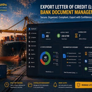 Può includere: Un'interfaccia digitale mostra informazioni sulla gestione dei documenti di esportazione. Lo schermo mostra i dati sulle lettere di credito attive, il conteggio dei documenti e gli avvisi. Sullo sfondo una nave da carico e un aereo, con il testo "EXPORT LETTER OF CREDIT (LC) & BANK DOCUMENT MANAGEMENT".