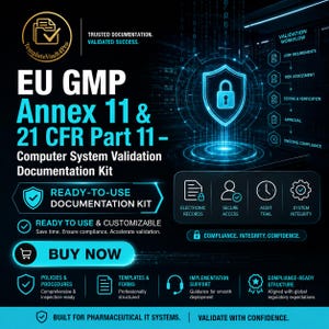 Op de afbeelding: Een digitale documentatiekit voor de validatie van computersystemen volgens EU GMP Annex 11 en 21 CFR Part 11. De afbeelding heeft een donkere achtergrond met neonblauwe tekst, een schildpictogram met een hangslot en een compliance-diagram.