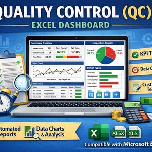 Puede incluir: Un portátil que muestra un panel de control de calidad en Excel con gráficos, resultados de inspección y tendencias de defectos. Incluye un casco amarillo, portapapeles, lupa, despertador, calculadora y libros sobre una superficie azul.