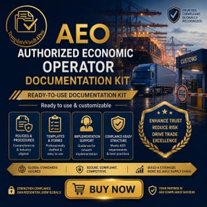 Puede incluir: Un gráfico digital para un kit de documentación de Operador Económico Autorizado con texto en dorado y azul marino. Incluye iconos para políticas, plantillas, soporte y cumplimiento, con un fondo de camión y puesto de aduanas.