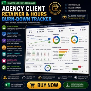 Puede incluir: Un panel digital para agencias, que muestra datos de retención de clientes y horas. El panel de Excel incluye gráficos, resúmenes de clientes y descripciones financieras. Incluye seguimiento de horas, planificación de capacidad y alertas inteligentes. Totalmente personalizable.