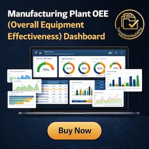 Puede incluir: Una pantalla de portátil que muestra un panel de control OEE (Eficacia General del Equipo) de una planta de fabricación. El panel muestra datos en tiempo real con gráficos y porcentajes, incluyendo 79%, 81%, 88%, 82% y 79%. Un botón 'Comprar ahora' está en la parte inferior.