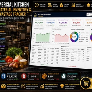 Könnte beinhalten: Ein Laptop-Bildschirm zeigt ein Dashboard für eine gewerbliche Küche mit Datenvisualisierungen für Inventar, Verschwendung und Kostenkontrolle. Die Software verfolgt den Bestand, reduziert Abfall und verbessert die Rentabilität.