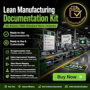 Könnte beinhalten: Ein Lean Manufacturing Dokumentations-Kit als digitales Produkt mit Texteinblendungen vor einem Fabrikhintergrund. Die Grafik enthält Listen für 5S, Kaizen, VSM, Standardarbeit und KPI-Tracking sowie einen auffälligen Buy Now Button.