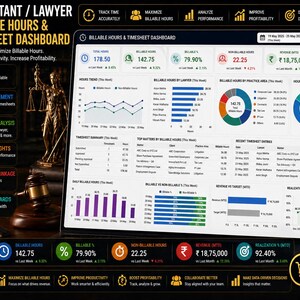 Puede incluir: Panel digital para consultores y abogados, que muestra las horas facturables y los datos de la hoja de tiempo. La interfaz incluye gráficos e indicadores clave de rendimiento. La imagen también presenta un mazo y una estatua de la Justicia.