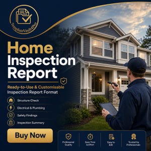 May include: A digital template for a Home Inspection Report featuring a dark blue background with gold accents. Text includes Home Inspection Report, Ready-to-Use & Customisable, Structure Check, Electrical & Plumbing, Safety Findings, and Inspection Summary.