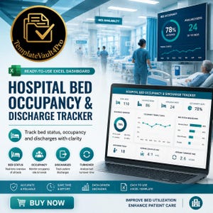 Könnte beinhalten: Eine digitale Excel-Dashboard-Vorlage zur Nachverfolgung der Krankenhausbettenbelegung und Entlassungen auf einem Laptop-Bildschirm. Die Benutzeroberfläche zeigt Datenvisualisierungen, Belegungsraten, Bettenstatus und Entlassungskennzahlen in Türkis.