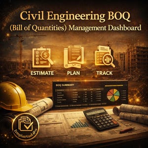 Puede incluir: Gráfico digital para ingeniería civil, con un casco amarillo, planos y una calculadora. La imagen incluye el texto "Civil Engineering BOQ (Bill of Quantities) Management Dashboard" e iconos para Estimate, Plan y Track.