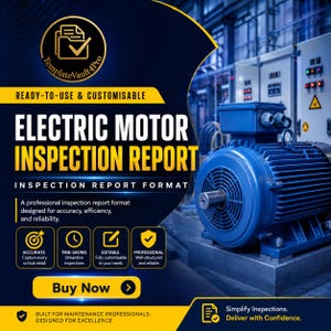 Puede incluir: Una plantilla digital para un informe de inspección de motor eléctrico con un motor industrial azul. El texto incluye TemplateVault4Pro, Ready-to-use & Customisable, Electric Motor Inspection Report, Inspection Report Format, Buy Now y Simplify Inspections.