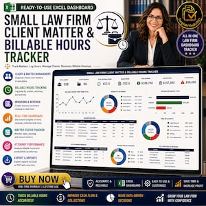 May include: A laptop screen displays a law firm dashboard with charts and data visualizations. The dashboard tracks client matters, billable hours, and revenue. Text includes "Small Law Firm Client Matter & Billable Hours Tracker" and "Buy Now". A woman in glasses is in the background.