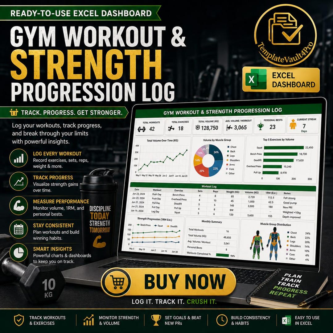 Gym Workout Log Excel Dashboard | Strength Progress Tracker ...