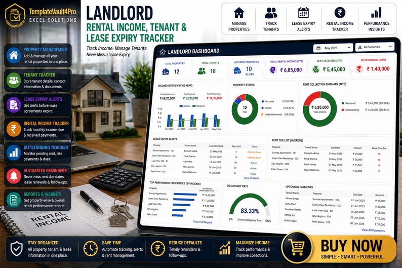 Landlord Rent Tracker Excel Dashboard | Rental Income & Tenant Management | Lease Expiry Alerts | Property Management Template image 1