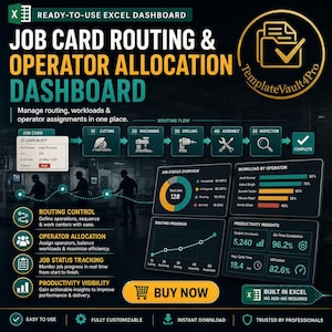 May include: A digital Excel dashboard template for job card routing and operator allocation. The interface displays a routing flow, job status overview, workload by operator, and productivity insights with charts and text in teal and gold.