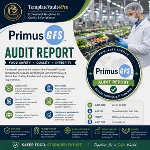 May include: A professional food safety audit report by Primus GFS. The report includes sections on food safety, quality, and integrity. A person in a lab coat and hairnet is using a tablet. The report also includes the audit date, auditor, facility, and audit type.