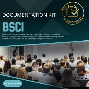 May include: A promotional image for a documentation kit. The text reads "Documentation Kit BSCI" with a description of the kit's features. A gold logo for TemplateVault4Pro is in the upper right corner. The bottom of the image shows a crowd of people in a conference setting.